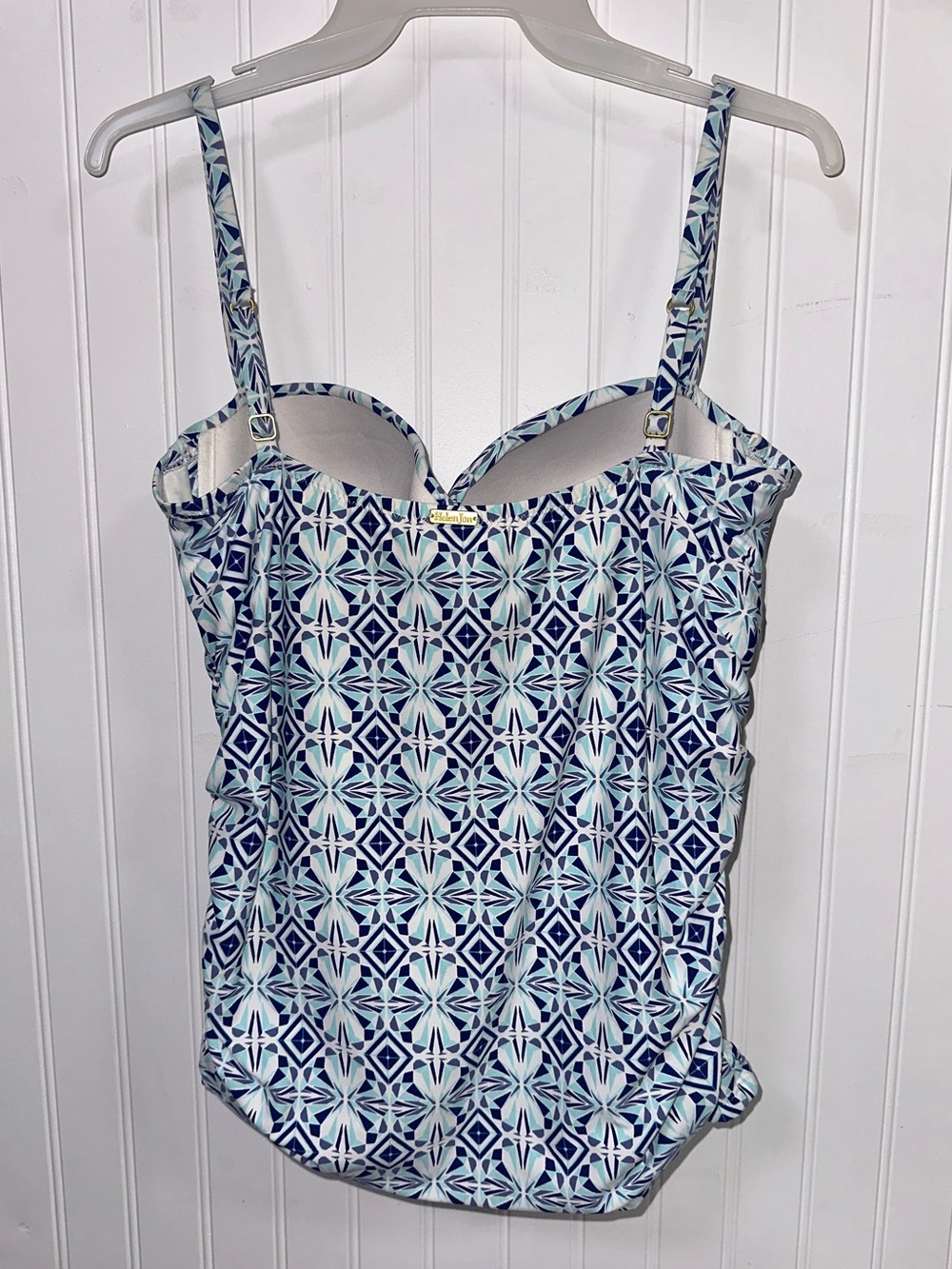 Helen Jon Women’s Ruched Geometric Tankini Top Swimsuit Blue & White Coastal - Picture 2 of 13